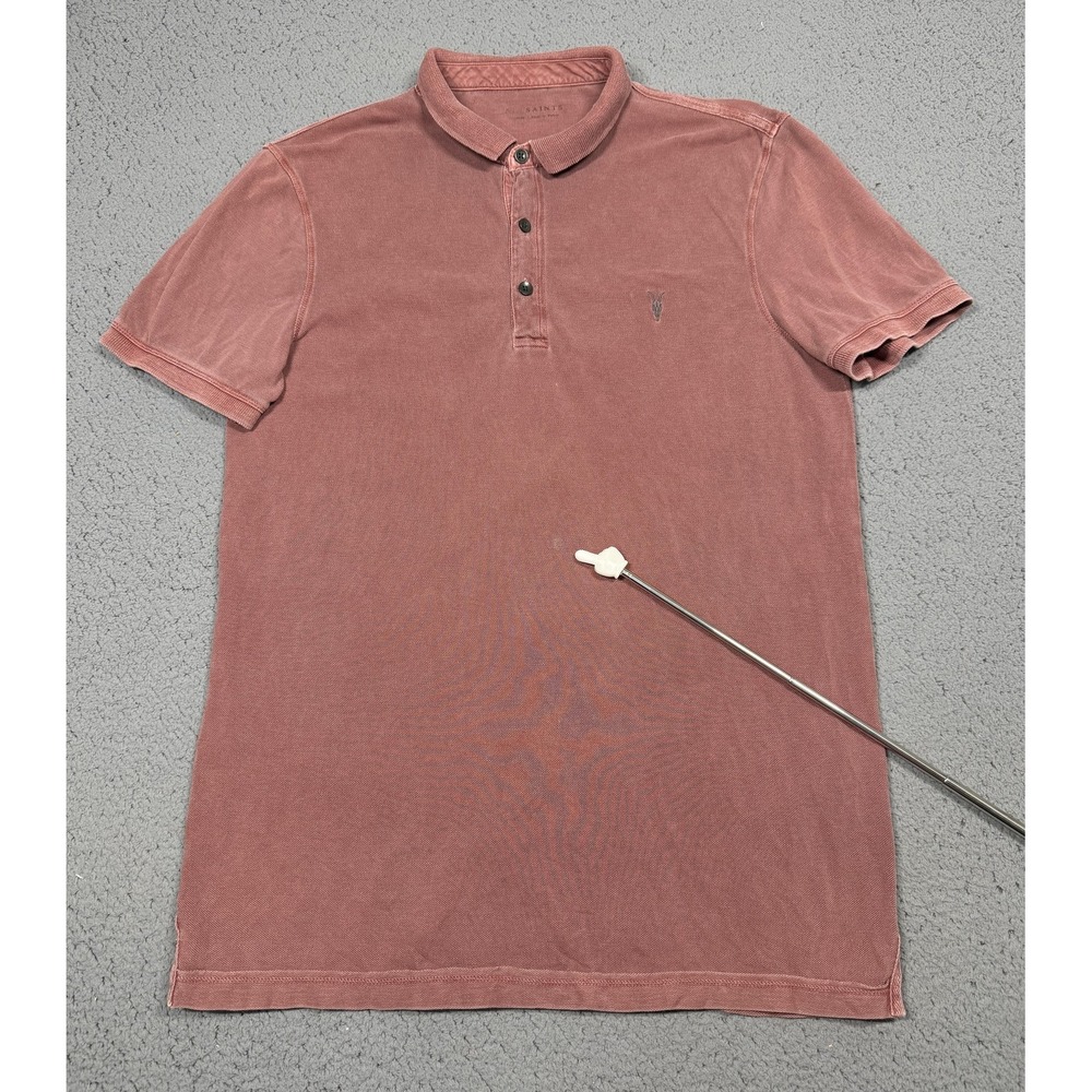 AllSaints Polo Shirt Mens Medium Pink 100% Cotton Knit Garment Dyed Casual‎ Top